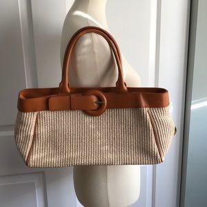 Furla Large Leather & Straw Tote Bag Italy